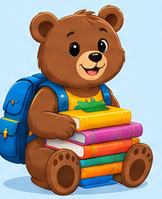 Friendly illustrated bear with a stack of school books