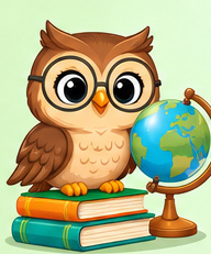 Friendly illustrated owl with a globe and school books