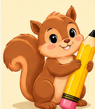 Friendly illustrated squirrel holding a pencil