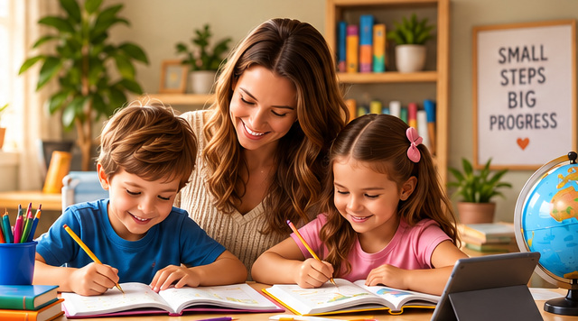 Parent helping two children learn together in a welcoming home classroom.